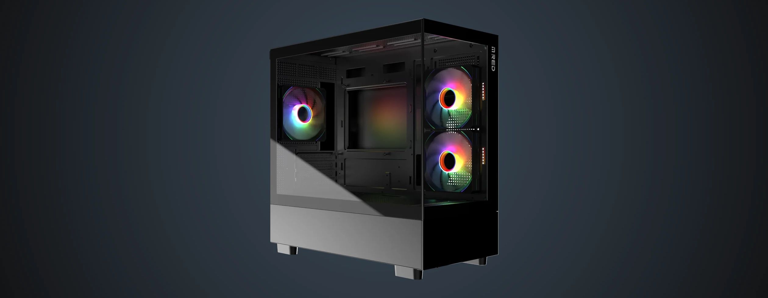 Vision Infinite Black glass PC case seen at three-quarter angle, ARGB fans lit