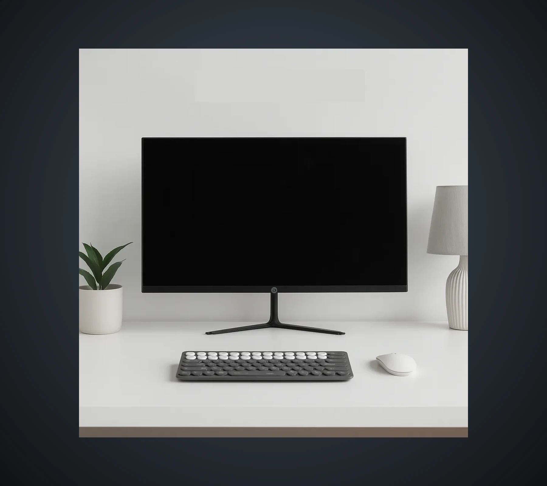 Optiview 27 on a light-coloured desk, with a keyboard, a mouse and a plant