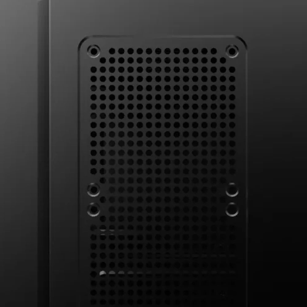 Close-up of the perforated area on the Black Force left side panel, for two fans