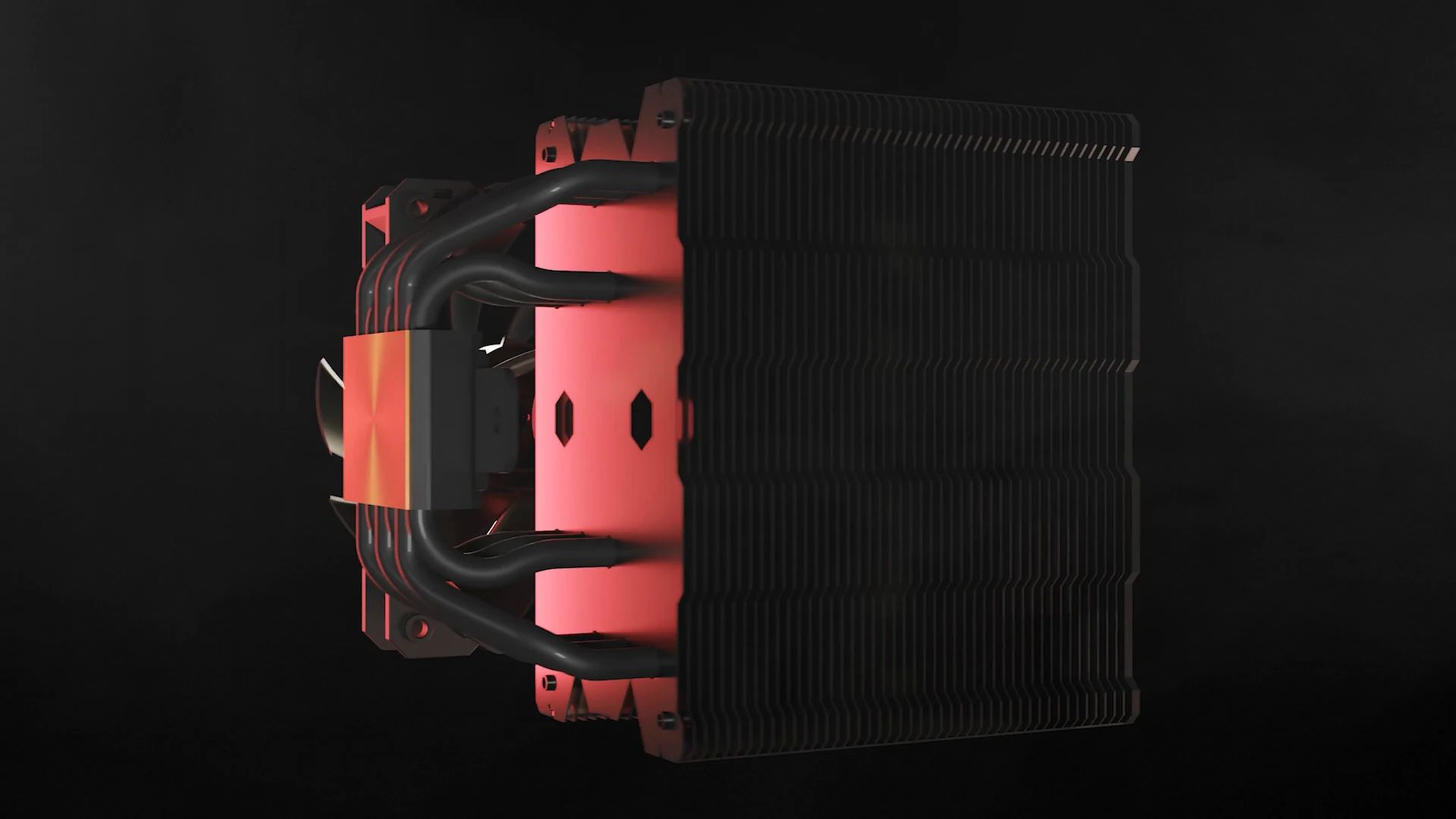 The Zephyr Dark Pro in profile: black fins and copper heat pipes, red lighting