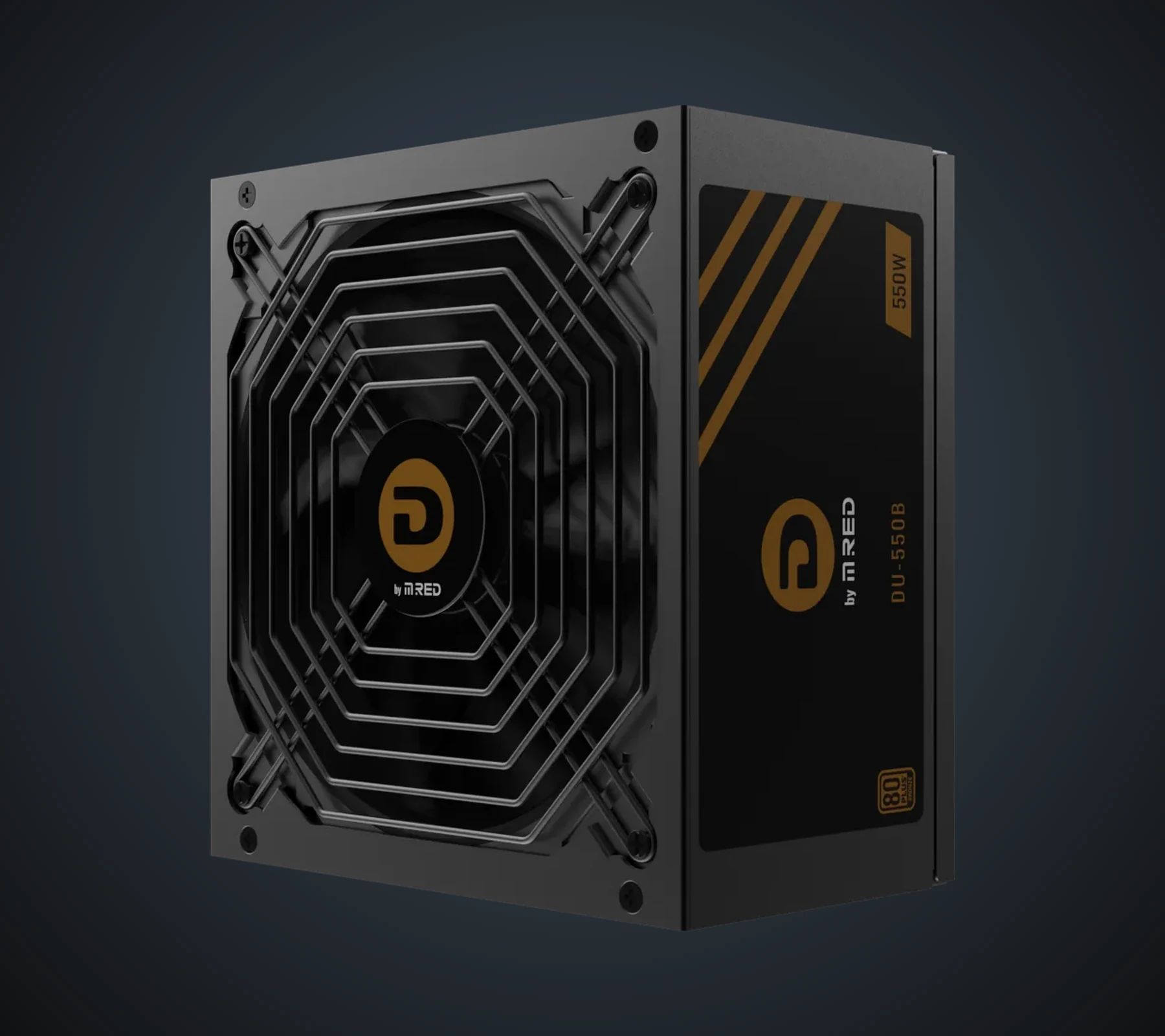 DU-550B power supply seen at three-quarter angle, fan side