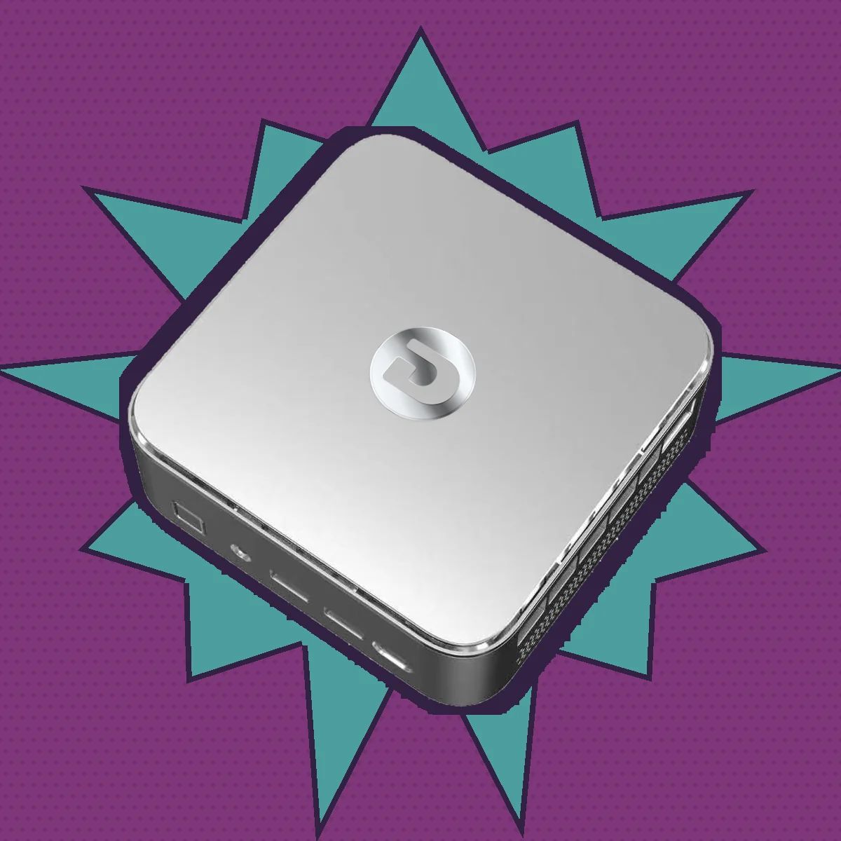 Mini-PC OTTO A2 von oben, Badge auf der silbernen Abdeckung