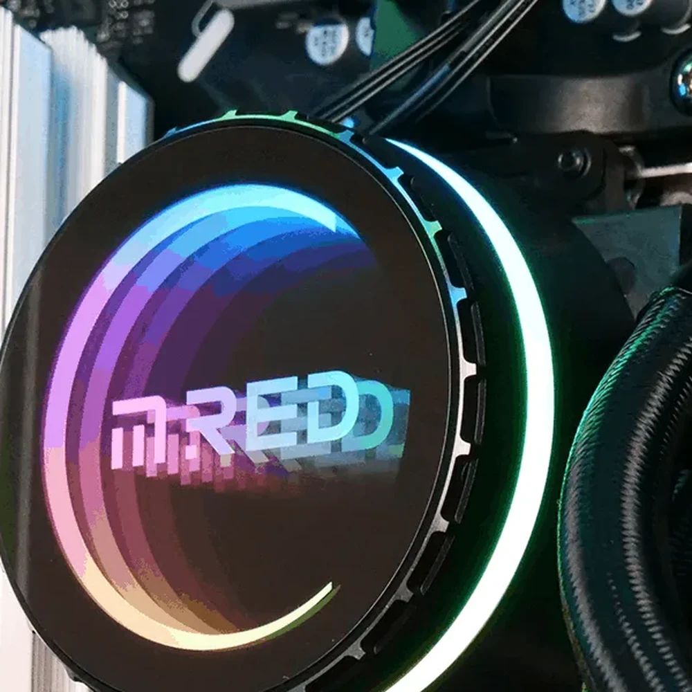 Tight close-up of the M.RED logo on the ONYX 360 liquid cooling pump