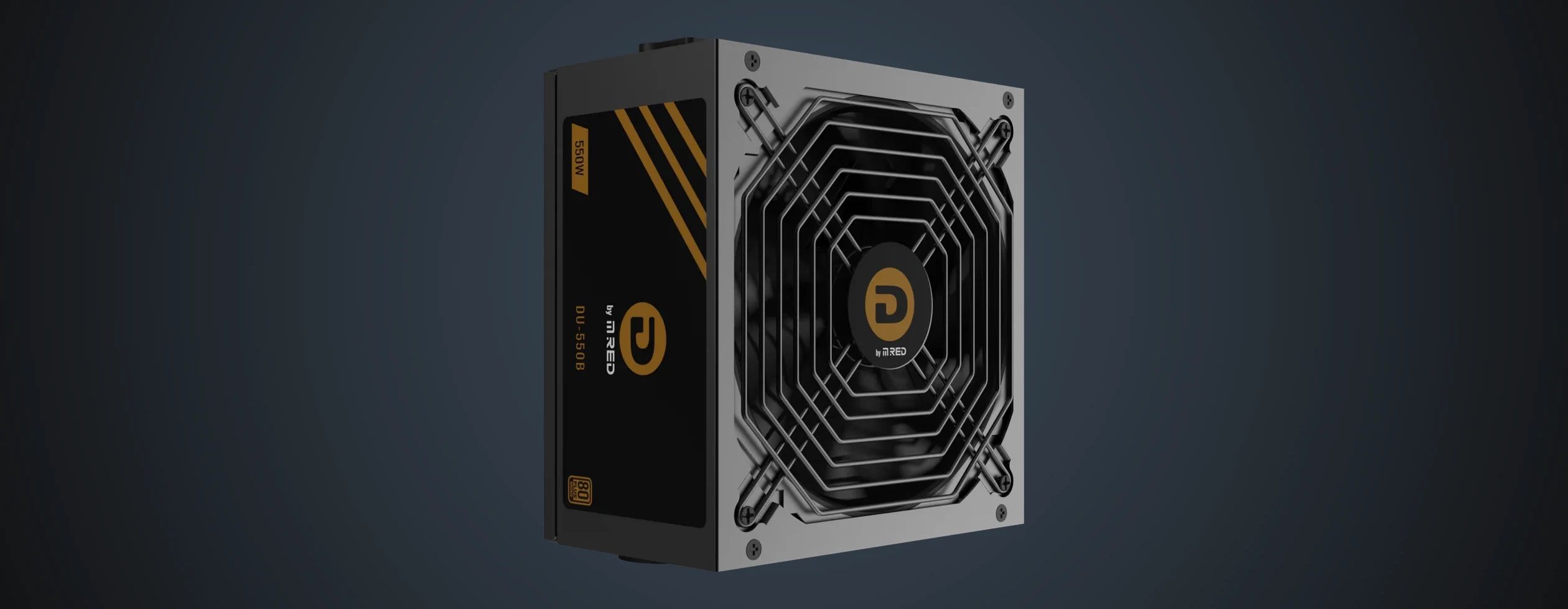 DU-550B PC power supply seen at a three-quarter angle, 140 mm fan grille