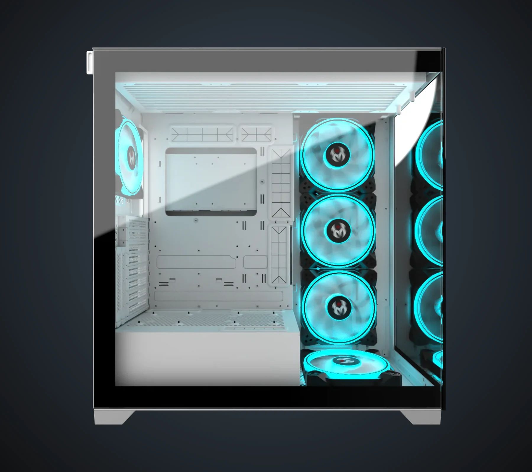 Glass side of the Radiant.X White, with power supply shroud and ARGB fans visible