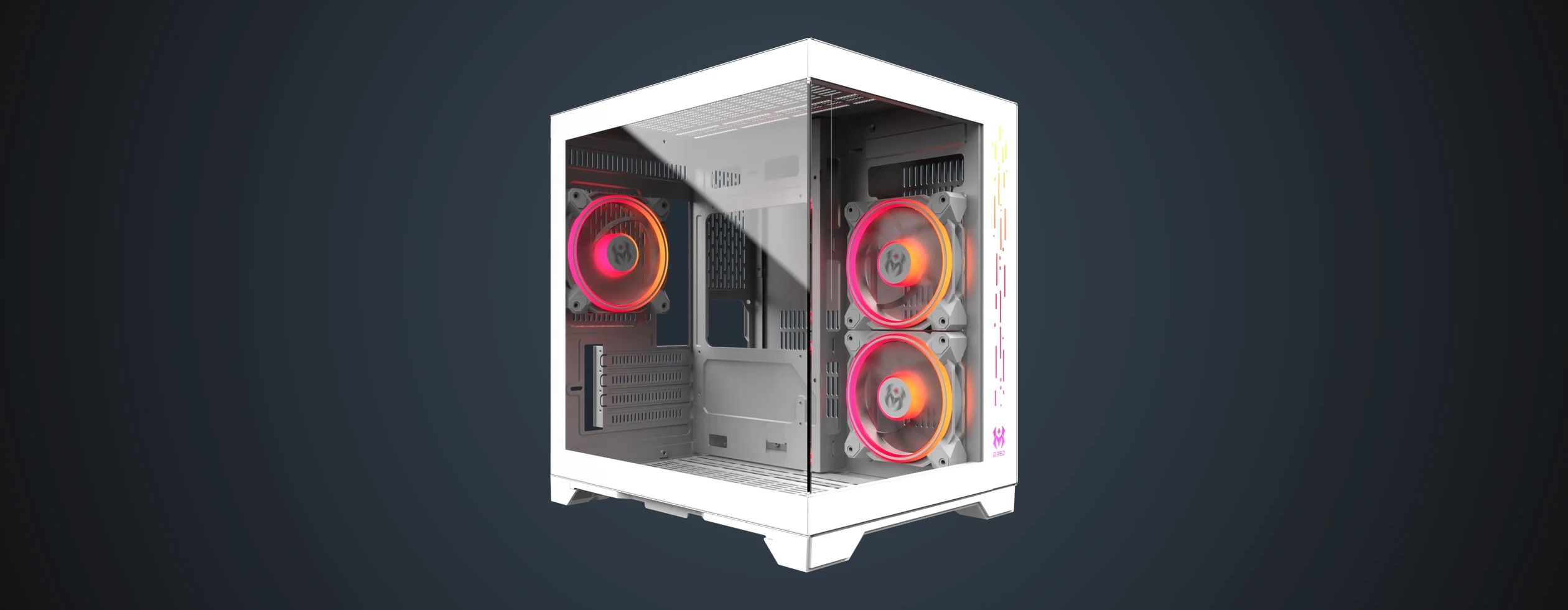 Mini Crystal Sea White PC case seen from three-quarters, glass panel, ARGB fans lit