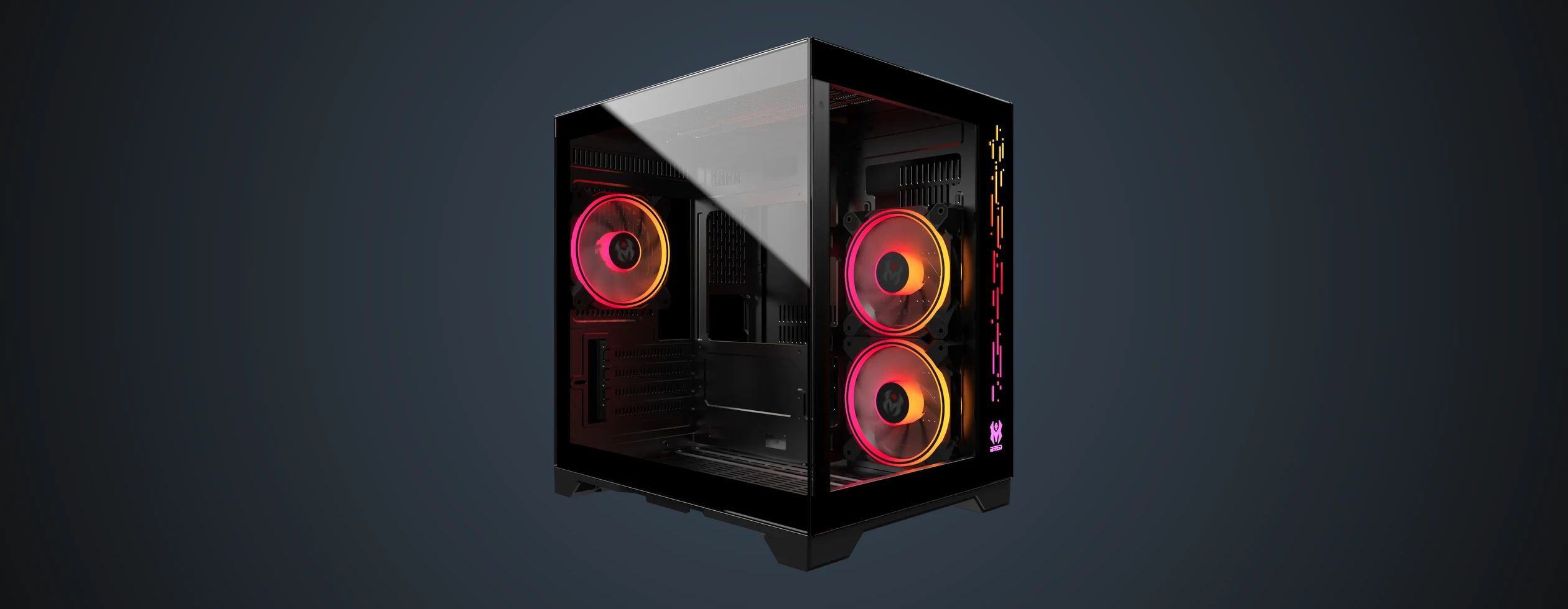 Mini Crystal Sea Black PC case at three-quarter view, glass panel, ARGB fans lit