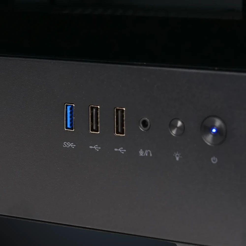 Close-up of the top of the case: USB, headphone jack, lighting and power