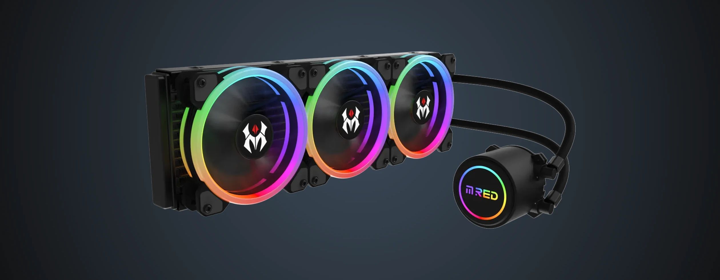 Serenity 360 AIO liquid cooler at three-quarters, three ARGB fans and illuminated pump block