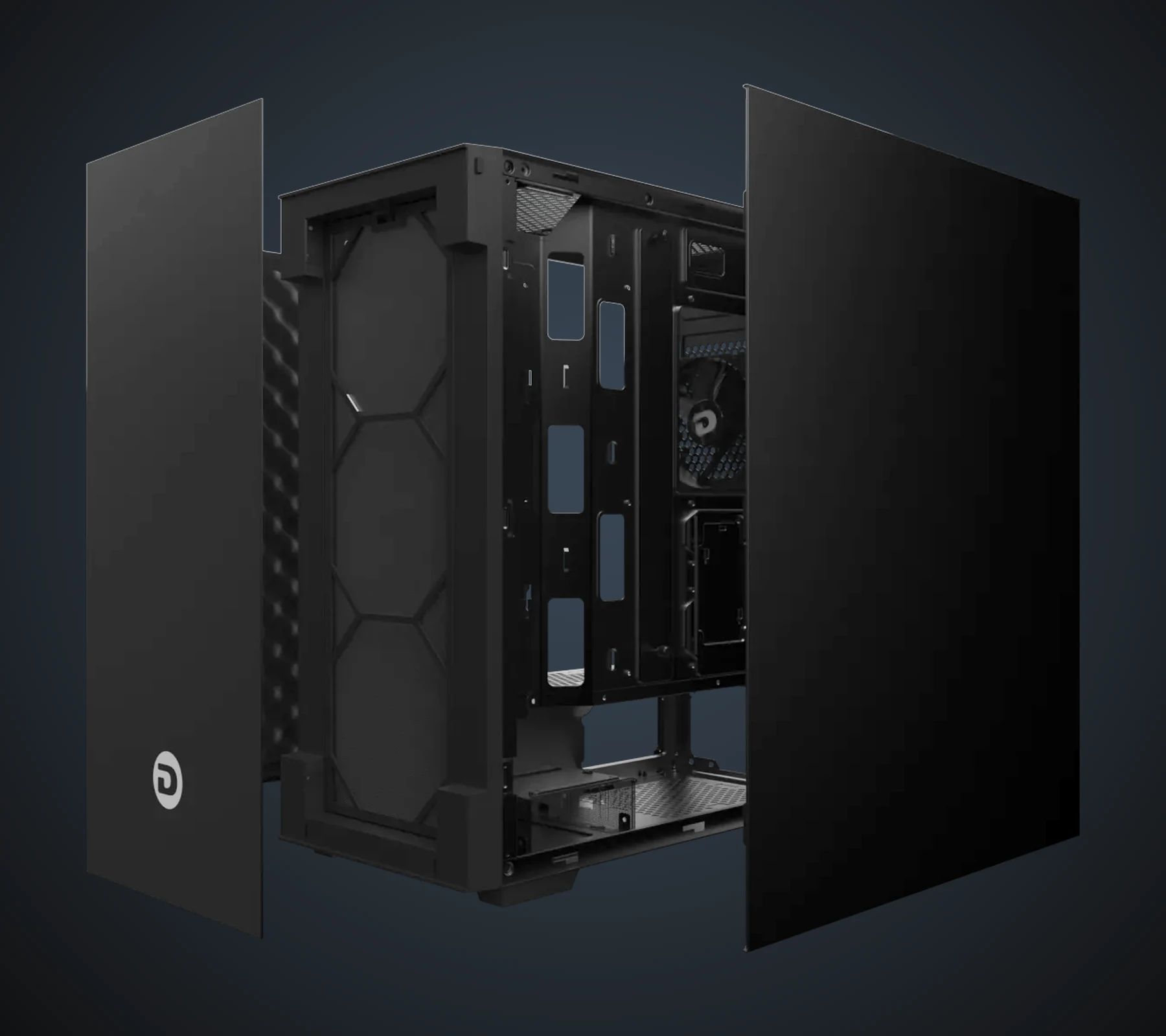 Silent Force with front and side panels removed, front fan frame visible