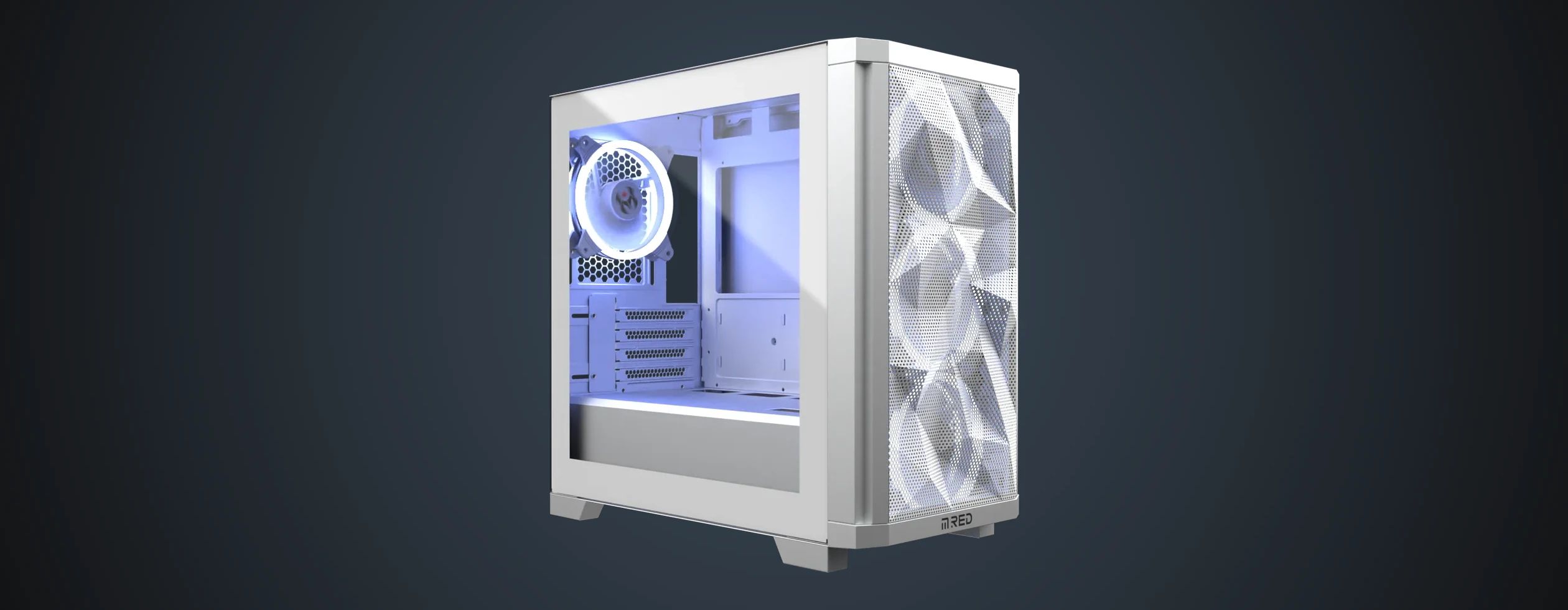 StarDust Mini White mini-tower PC case seen at three-quarters, glass door and faceted front panel