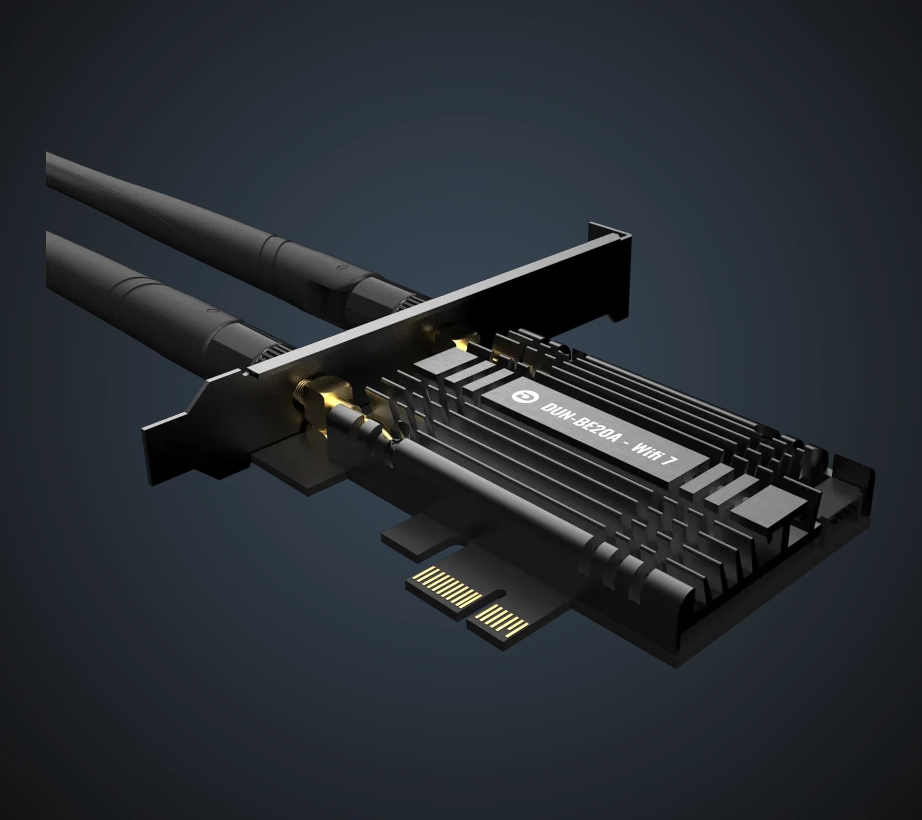 Wazo Wi-Fi 7 网卡四分之三视角，天线与 PCIe x1 接口