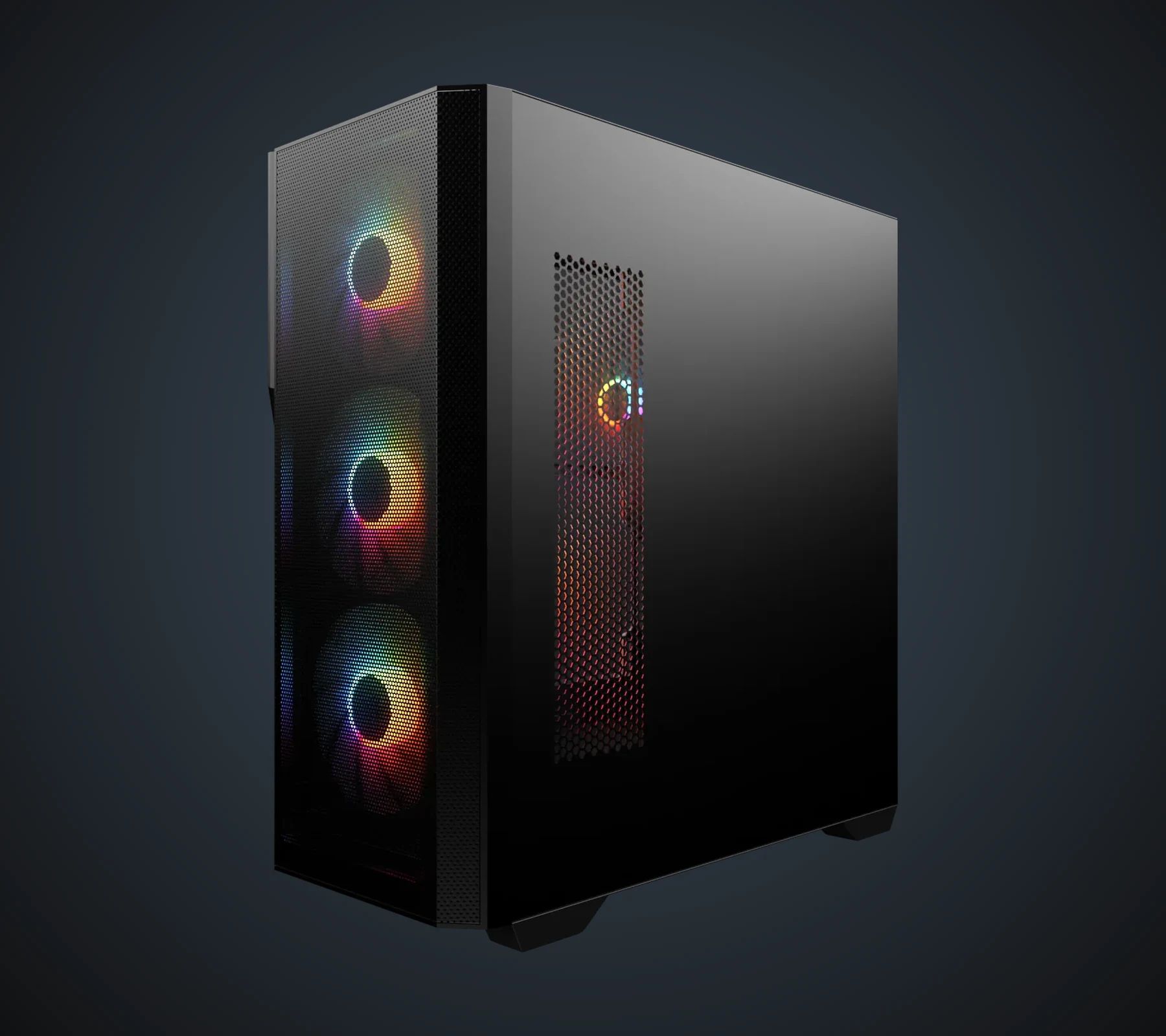 Raven Black seen at three-quarters, three ARGB fans behind the perforated front panel