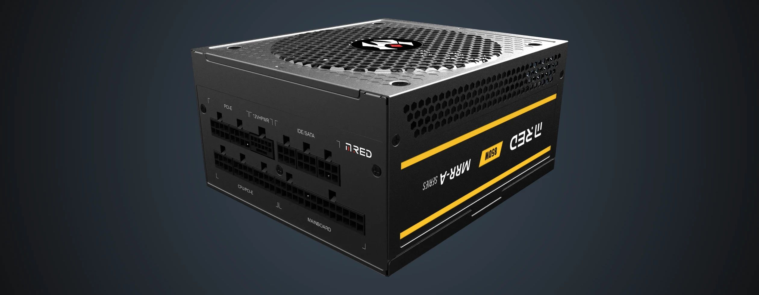 MRR-850A (VP2) Black power supply seen at three-quarters, modular connector side and fan grille