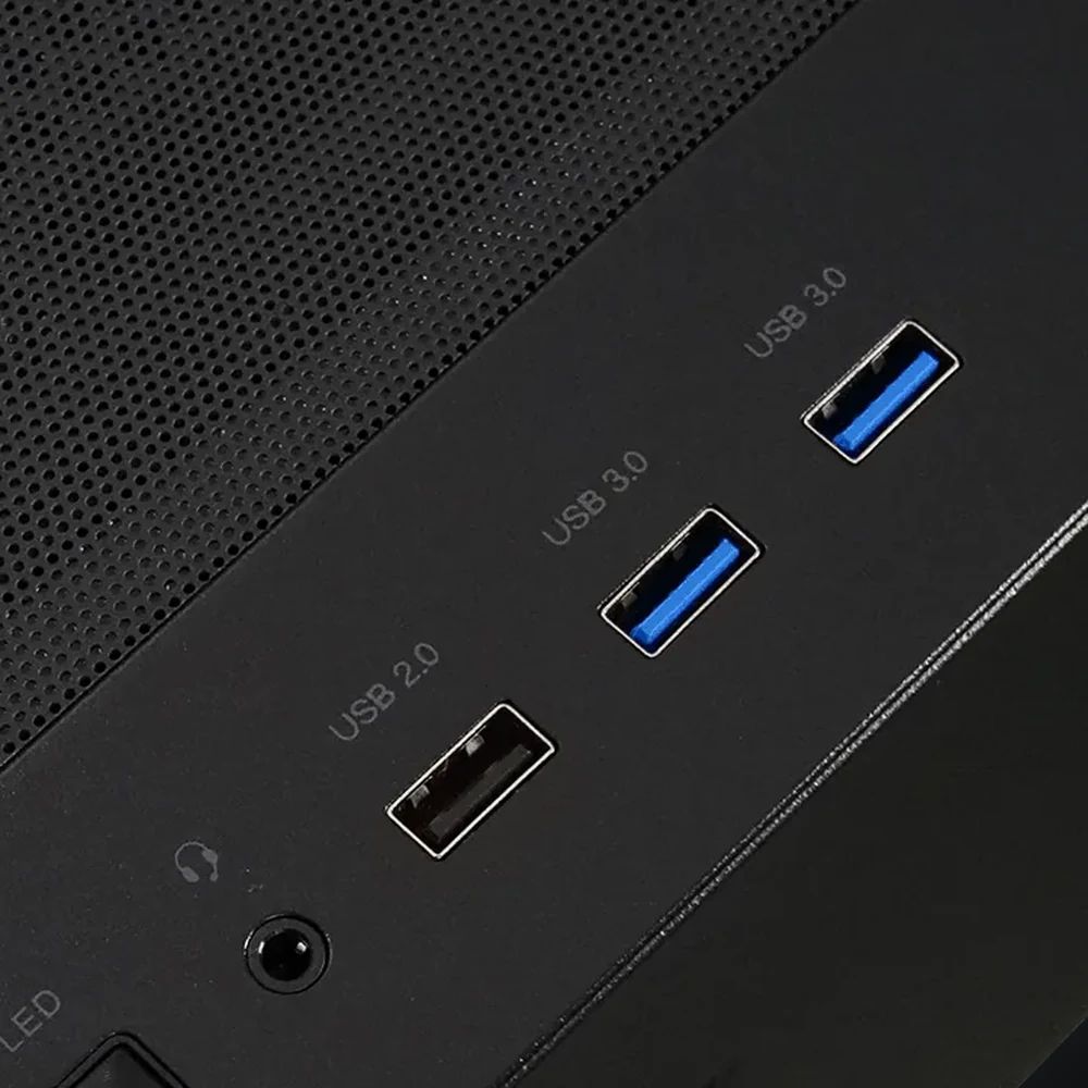 Close-up of the USB 3.0 ports and headphone jack on top of the case