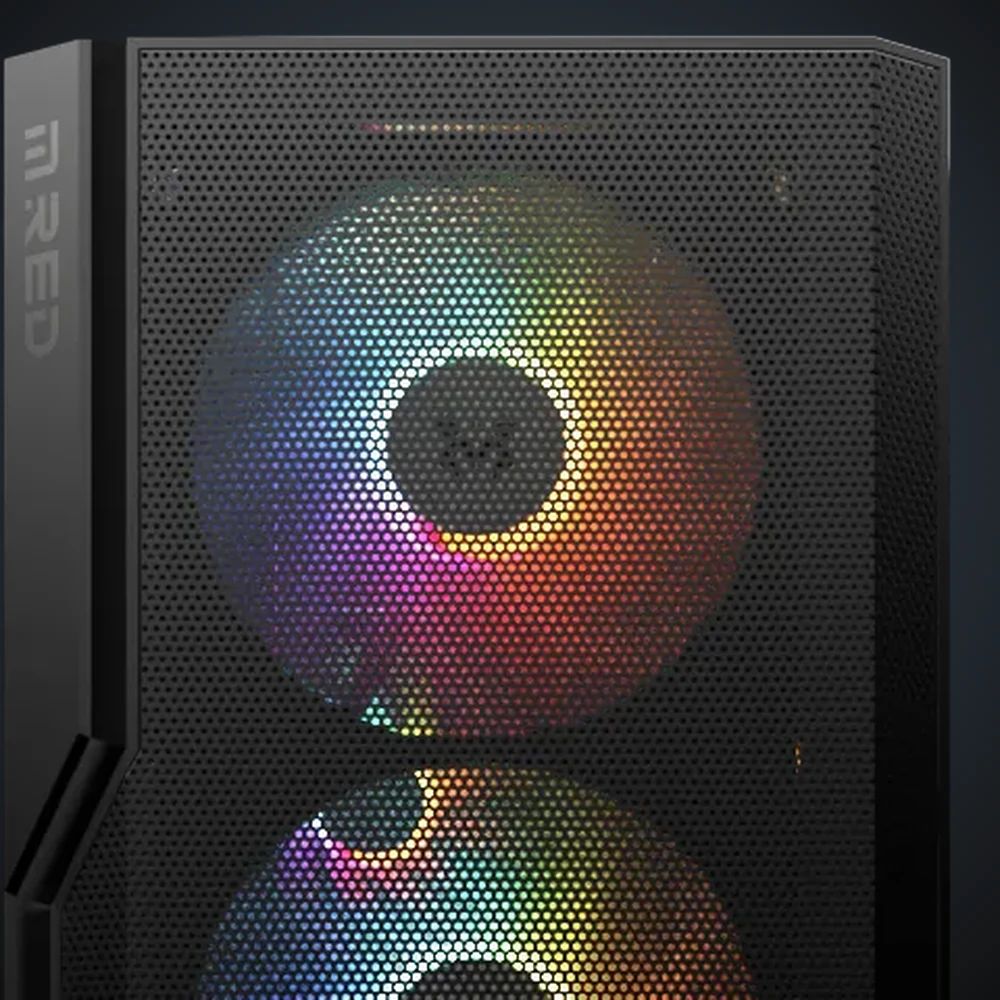 Close-up of the perforated front panel of the Raven Black and a 140 mm ARGB fan