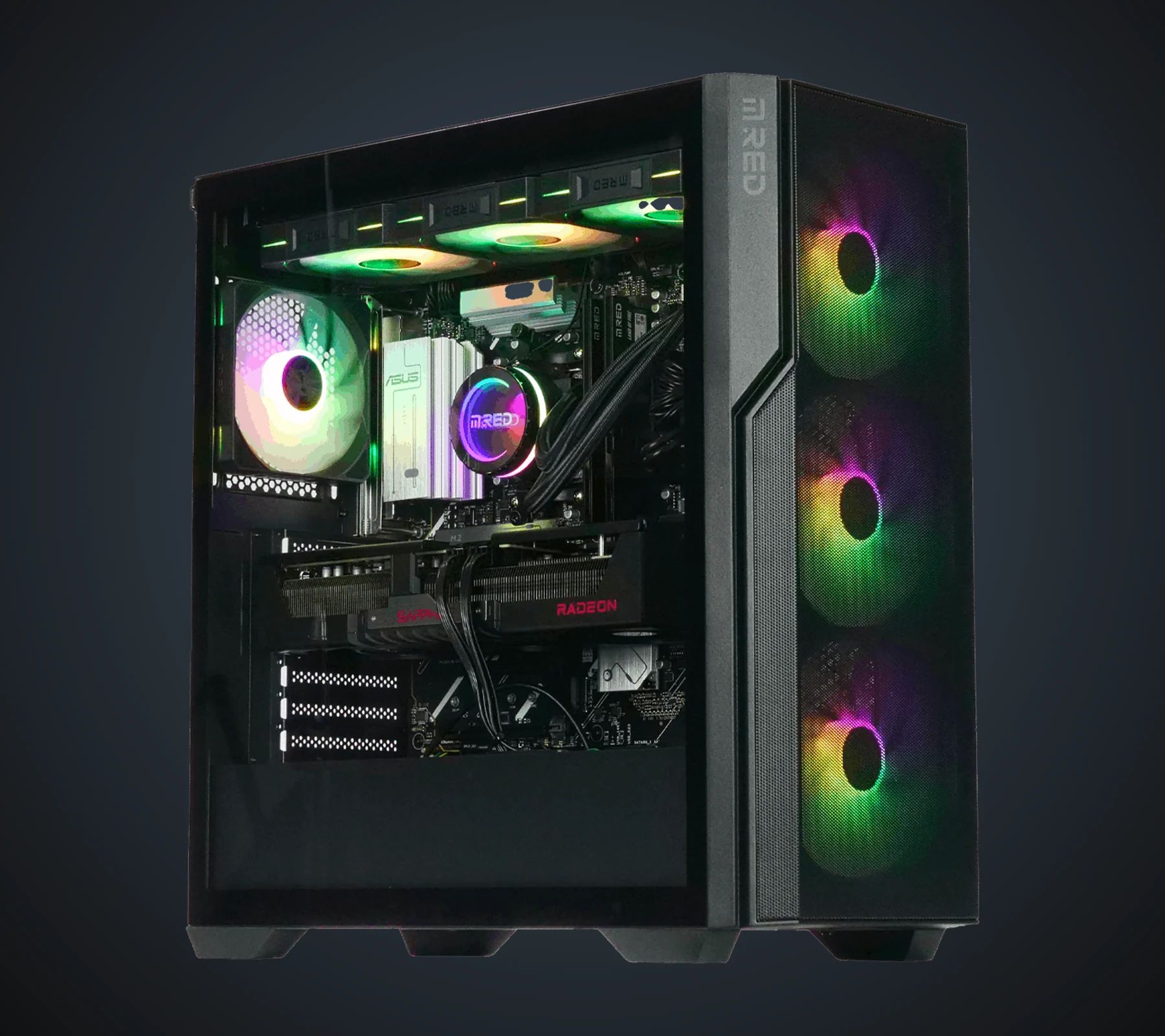 Inside of the CBT049-03 at three-quarter view: water cooling, graphics card and lit fans