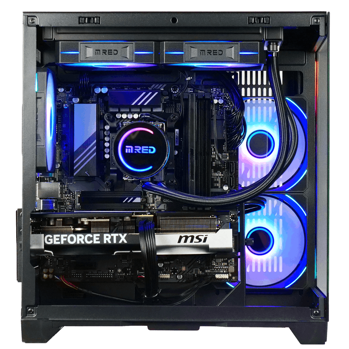PC Gamer M.RED CBT081-03 vu de profil : carte mère, mémoire, pompe et carte graphique