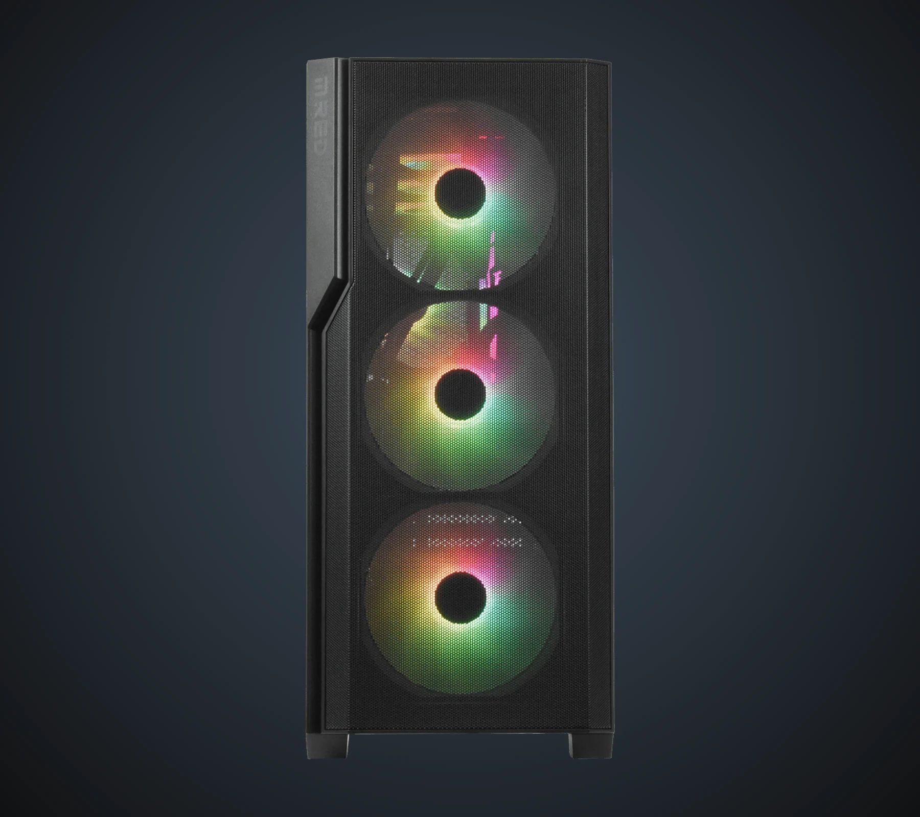 Façade du Raven Black, trois ventilateurs de 140 mm ARGB éclairés
