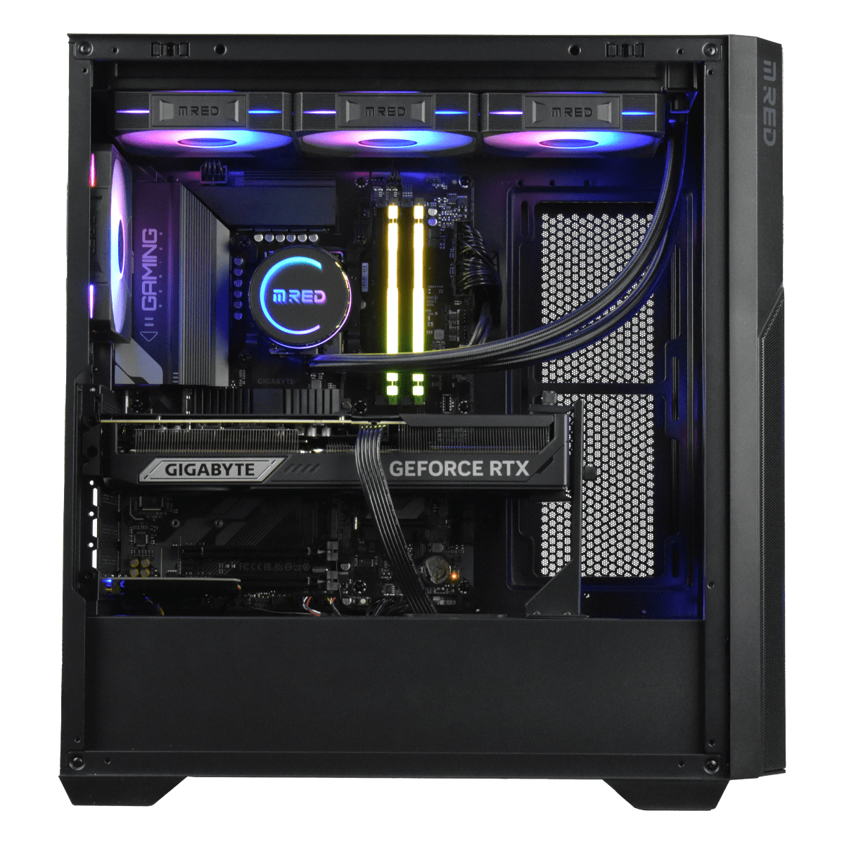 PC Gamer M.RED CBT082-03 vu par le flanc vitré : radiateur de 360 mm et carte graphique