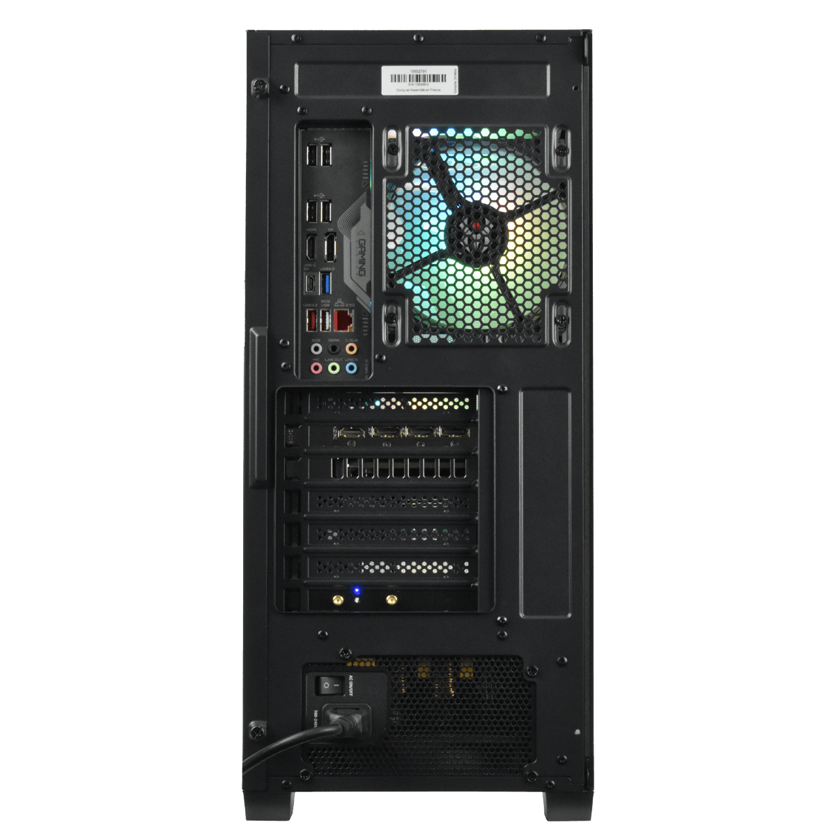 PC Gamer M.RED CBT082-03 de dos : sorties de la carte mère, ventilateur et alimentation